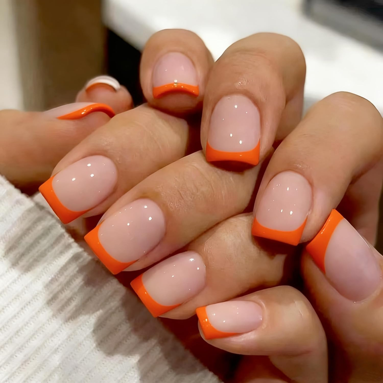 French Tip Press on Nails Short Square, Lime Green French Tip Nails with Natural