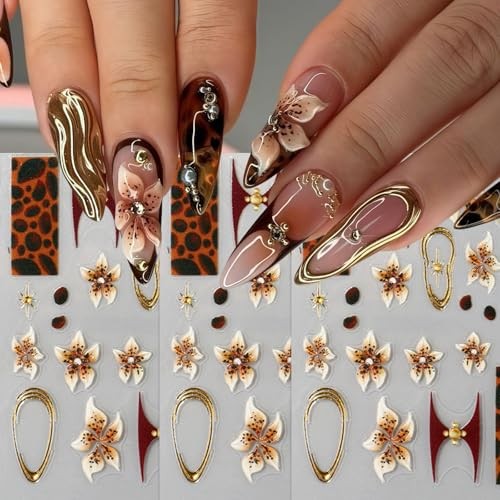 3 Sheets Brown Leopard Print Nail Stickers 5D Embossed Floral leopard flower