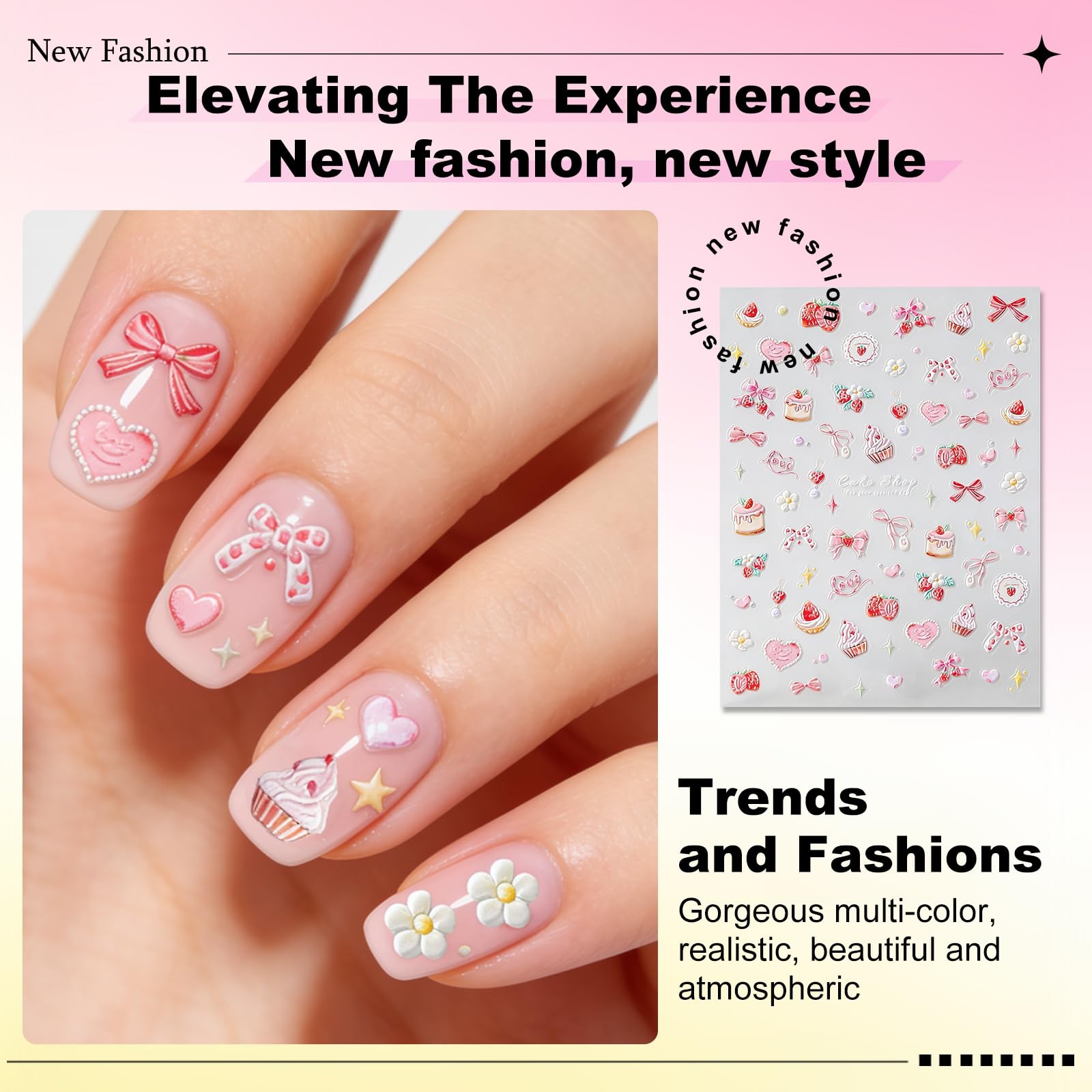 5D Embossed Pink Nail Stickers for Nail Art Cake Strawberry Bow Nail Decals A…
