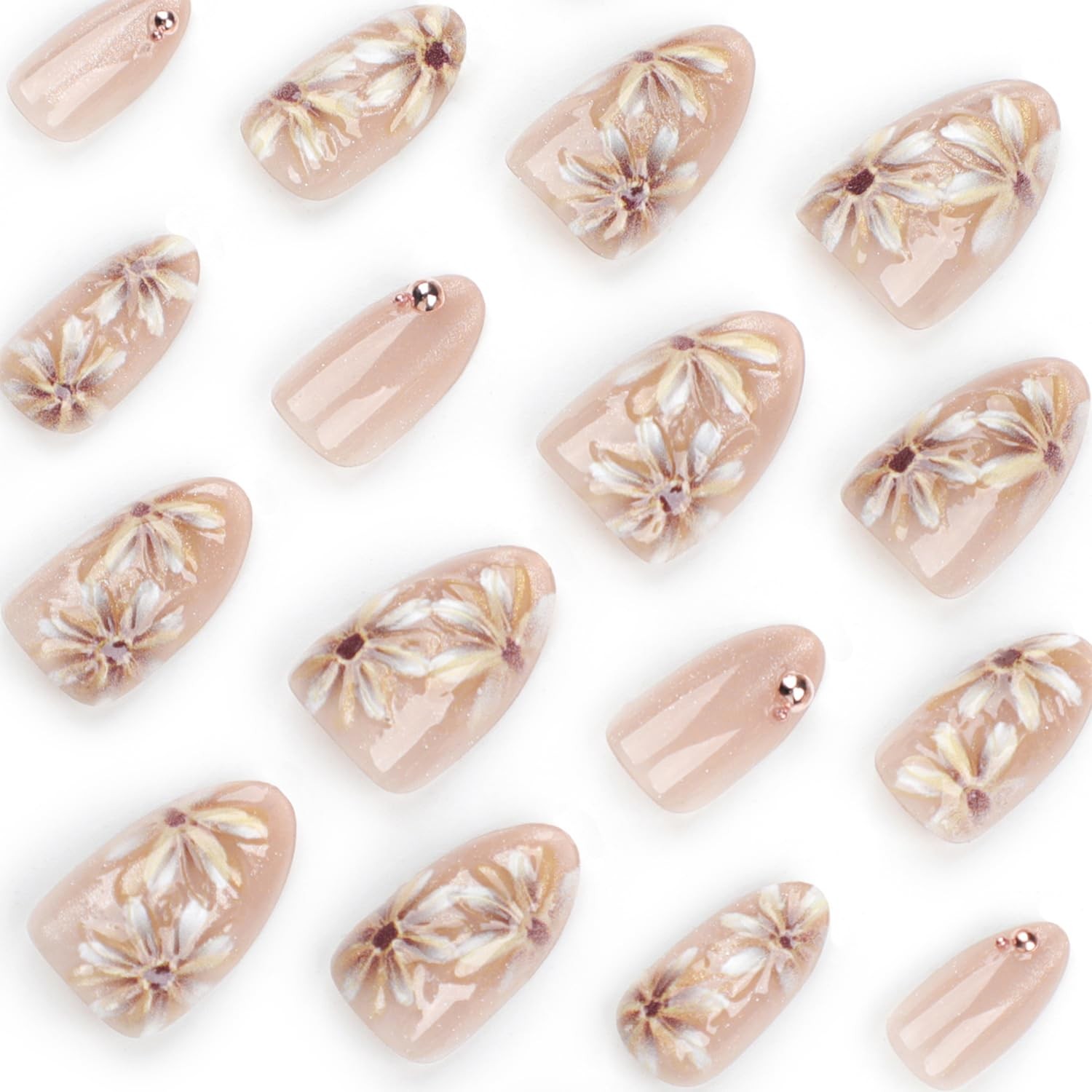 24Pcs Flower Press on Nails Short Almond Fake Nails with 3D Gold Beads Design…