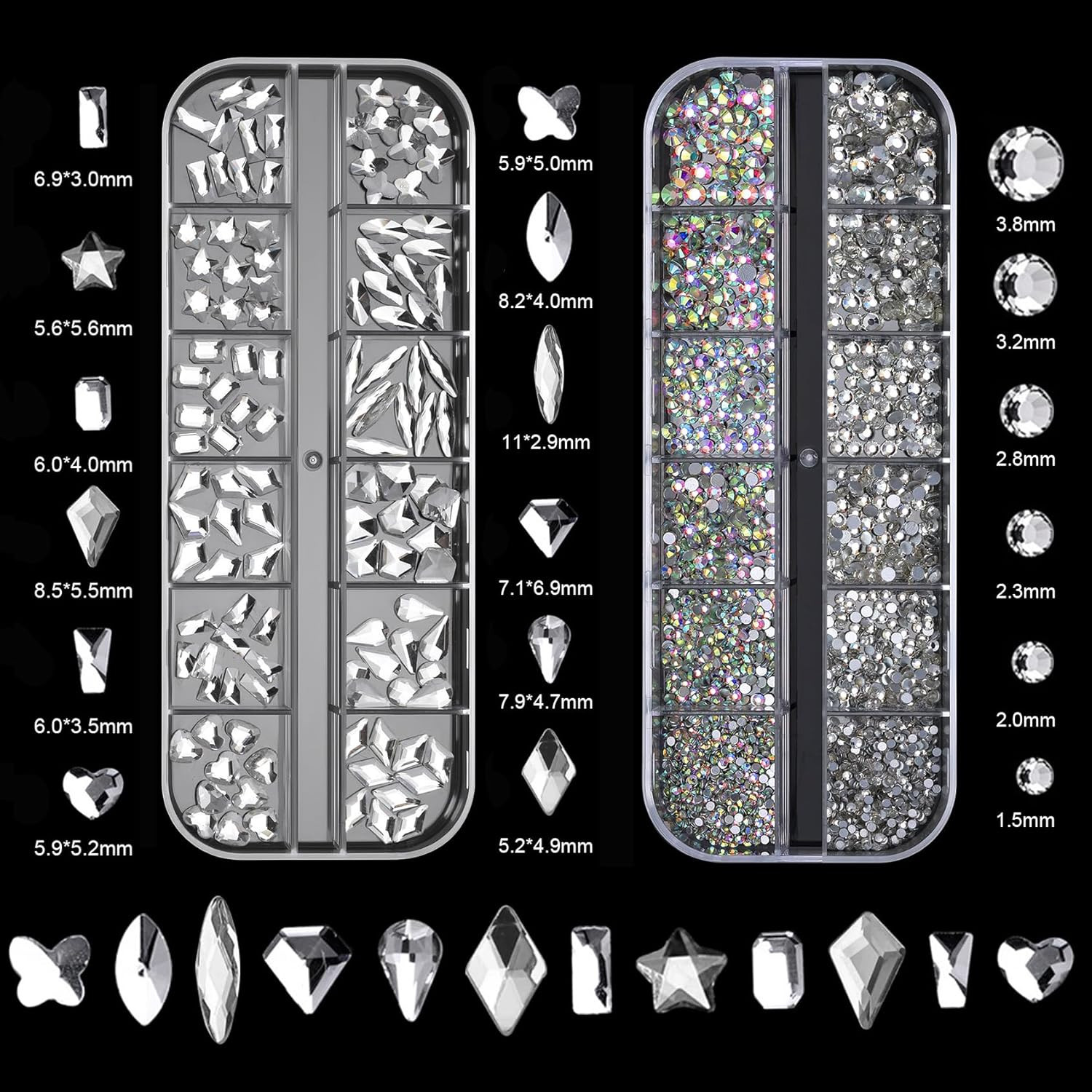 White Nail Rhinestones – 12 Types of Multi Shapes Diamonds & 12 Sizes Flatback r