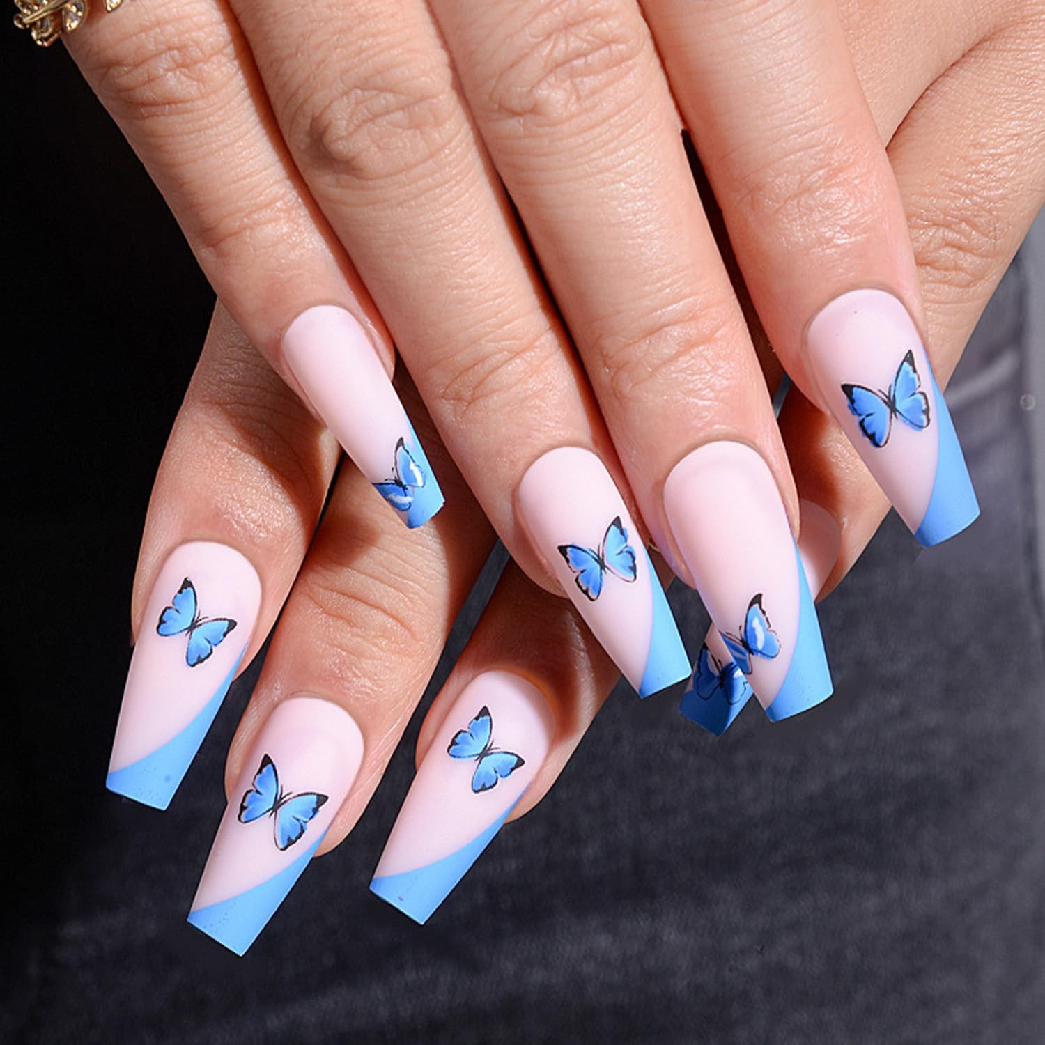 Blue French Tip Press on Nails Square Medium Length,Full Cover Reusable Coffi…
