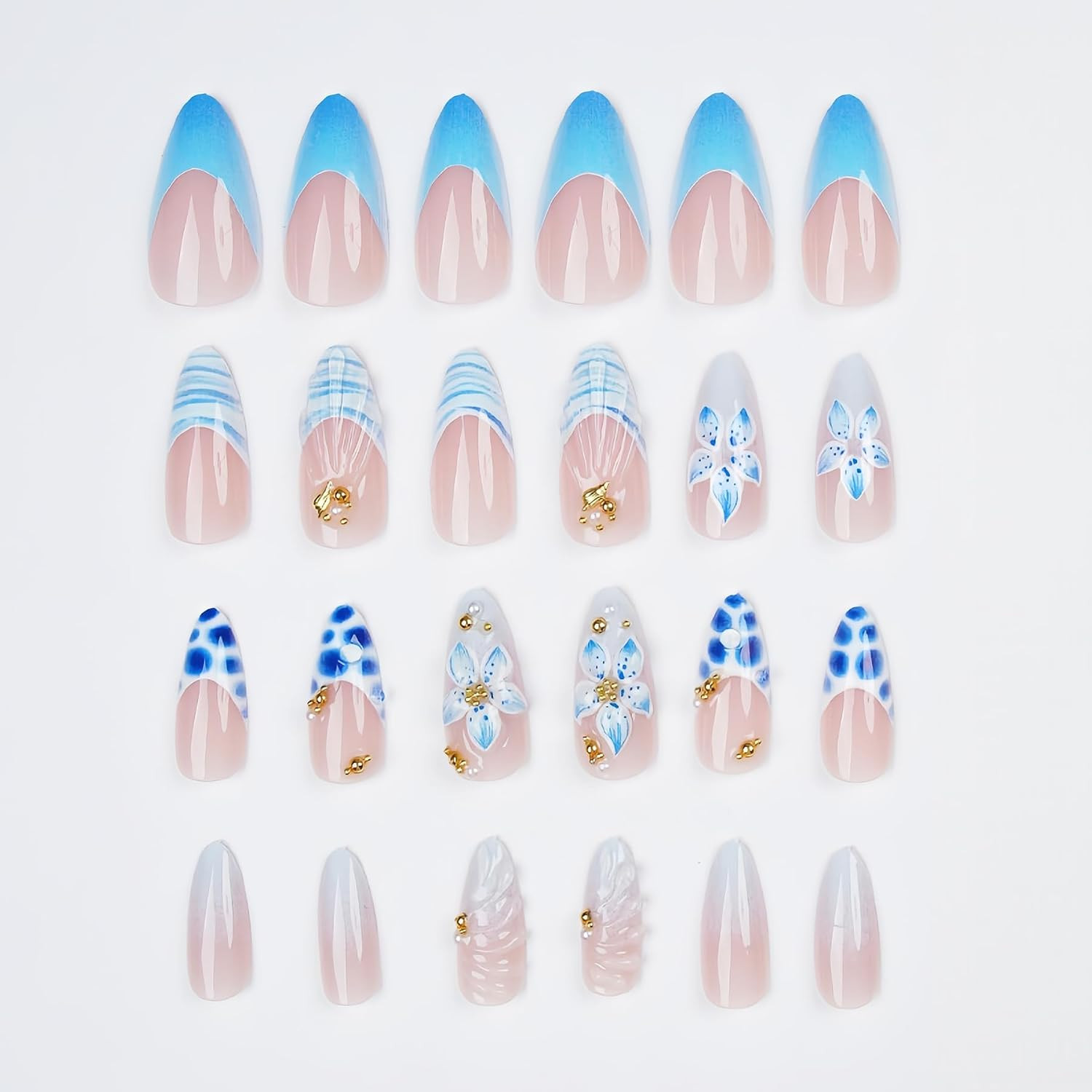 24Pcs 3D Flower Press on Nails Medium Almond Fake Nails with Gold Beads Conch Pe