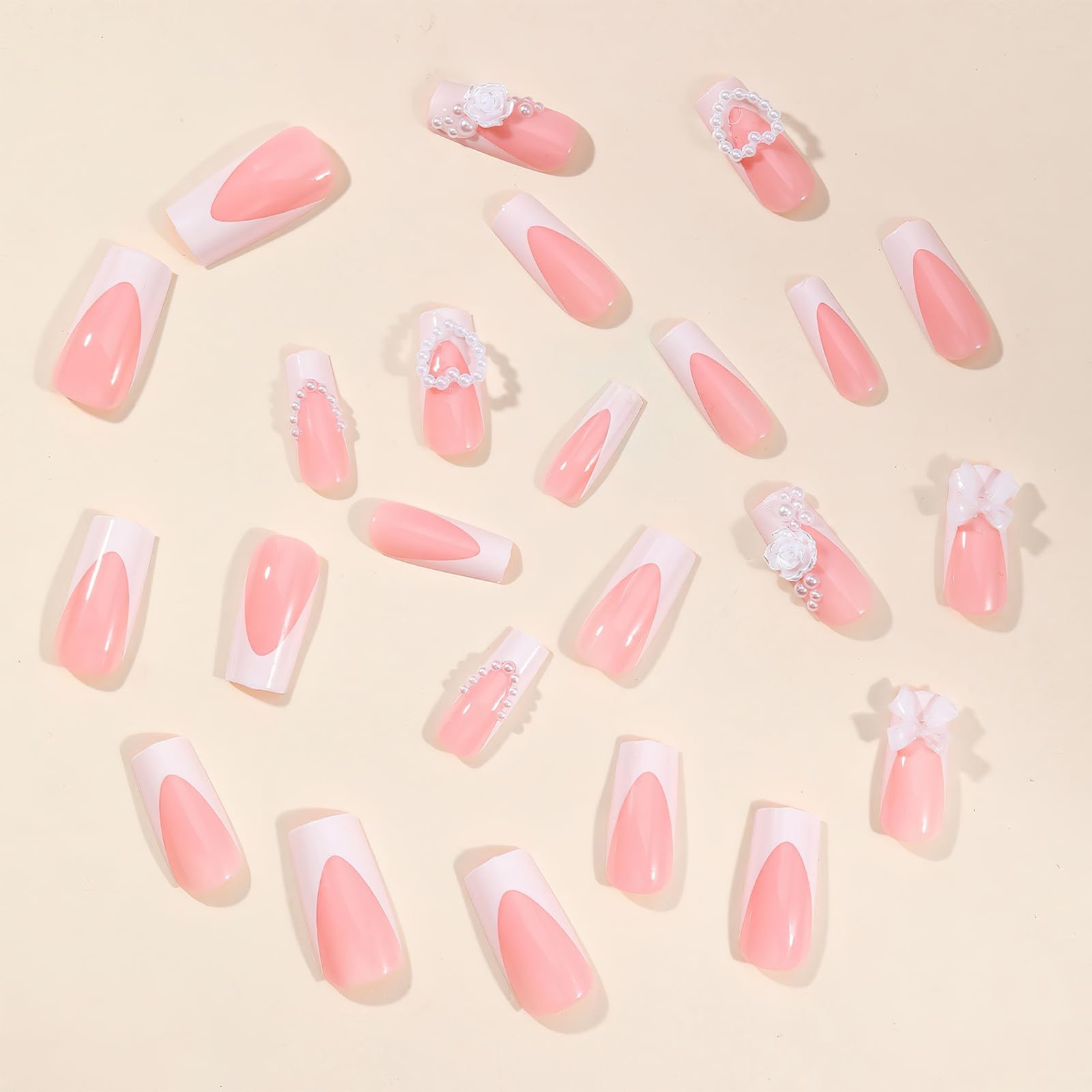 Mkwntg French Tip Press on Nails Medium Square Fake Full Multicolor