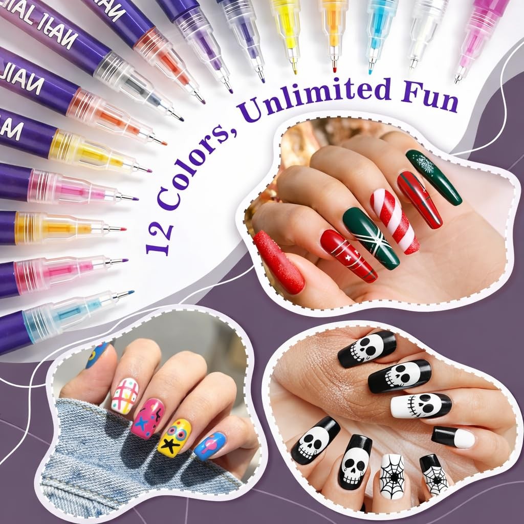 12 Colours Nail Art Markers, Nail Art Pens, Nail Polish Pens Set with Fine Ti…