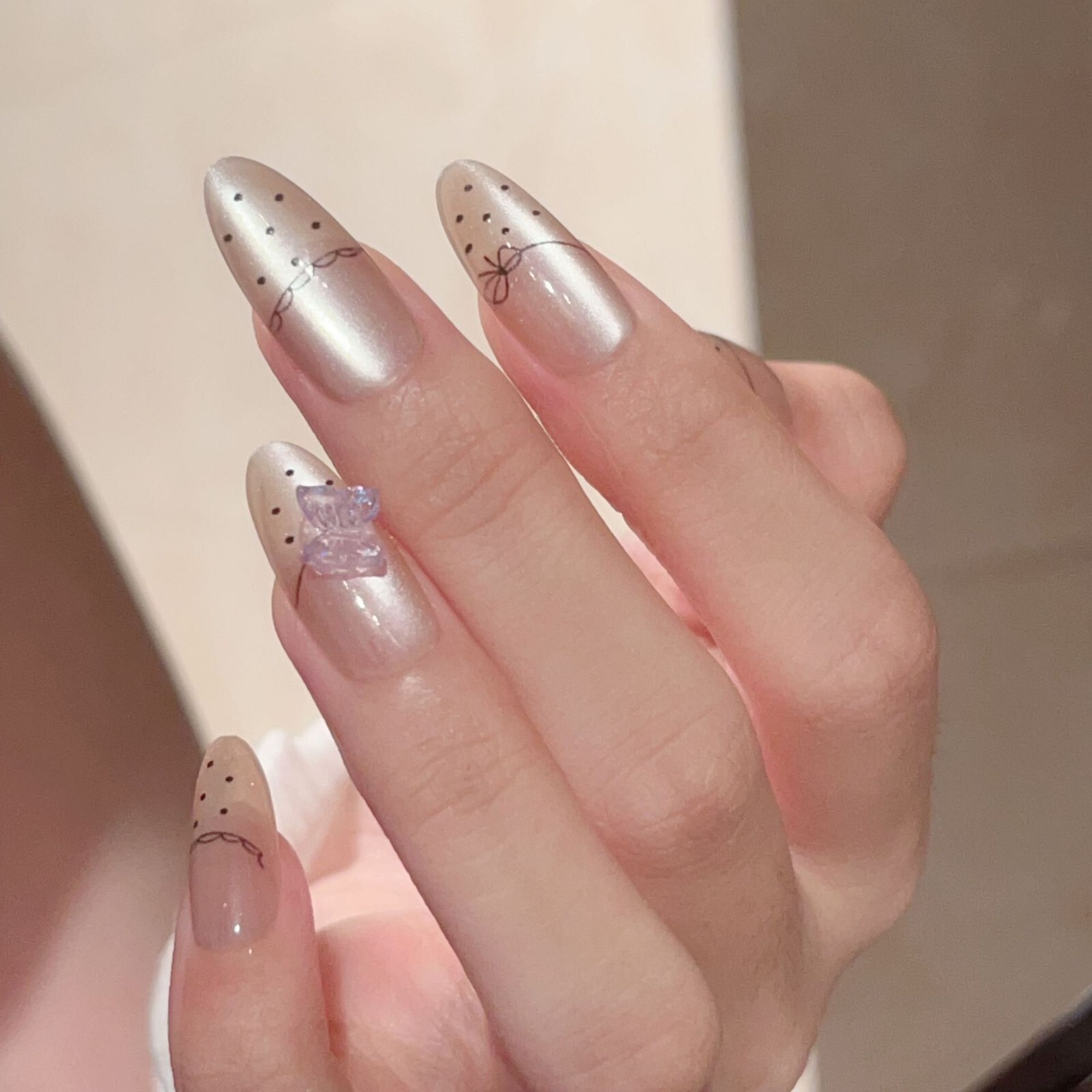 Cute Bow and Polka Dot Lace Long Almond Glossy Finish Reusable press on nails