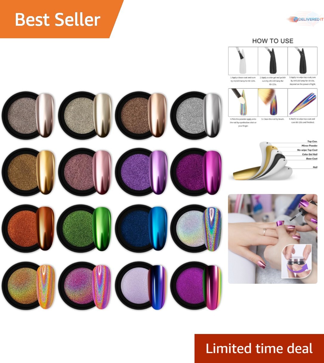 Gorgeous 16-Piece Chrome Powder Collection for Artistic Nail Designs – 1g Jars