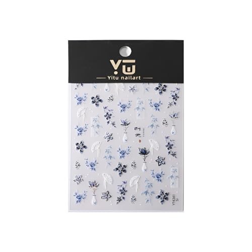Flower Nail Stickers White Blue Nail Art Stickers 5D Embossed Blue Flower 2