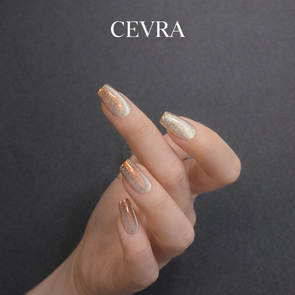 Champagne Cat Eye Press On Nails Glitter Gold Fake Nails Medium Long Coffin