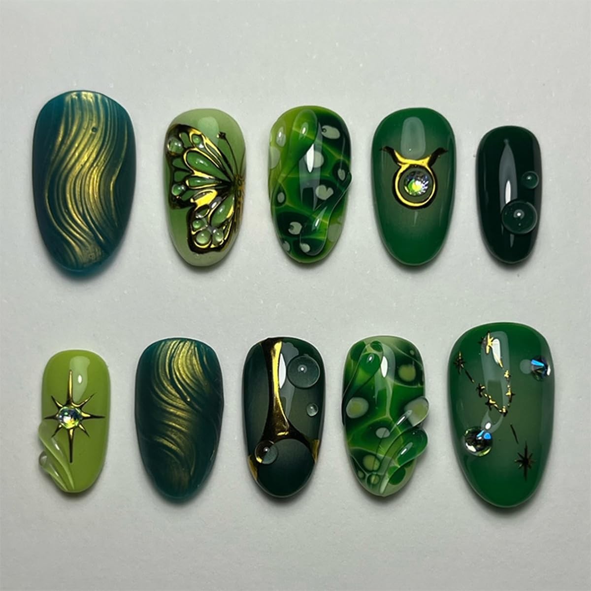 30 Pcs Handmade Press on Nails Short Almond Nail Tips,Fall Green Fake Nails P…