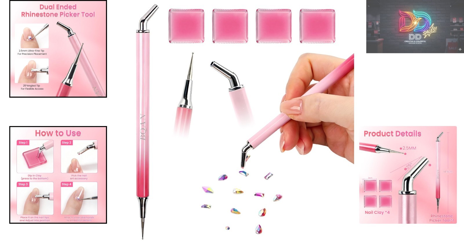 Dual-Ended Rhinestone Picker with Wax Clays – Precision Nail & Craft Art Tool
