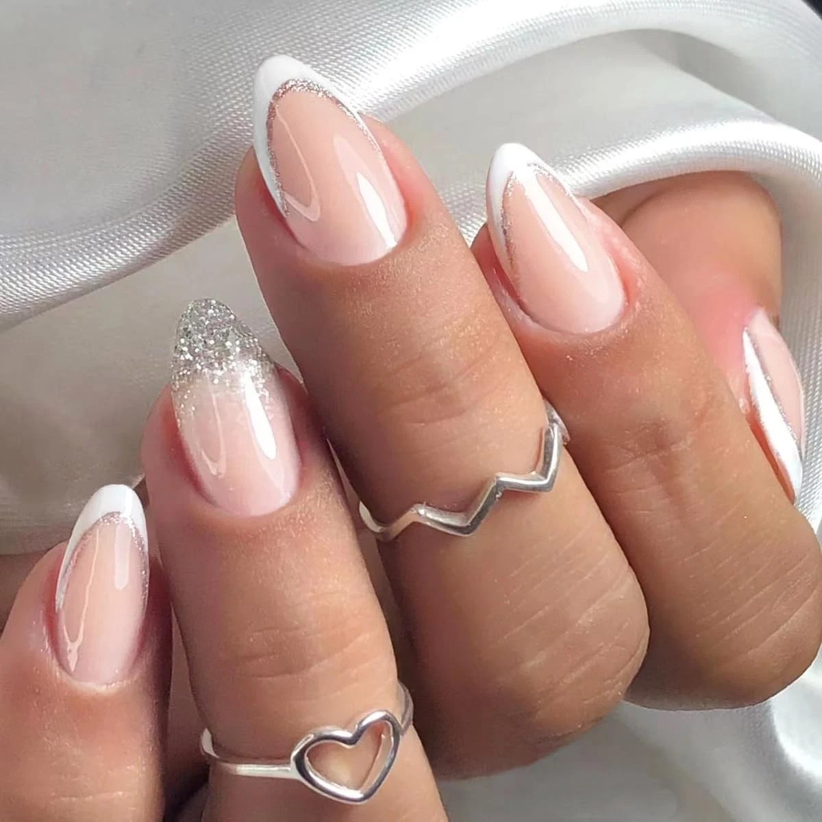 Secret Lives Glossy Artificial Light Pink White Color with Silver Glitter 24 set