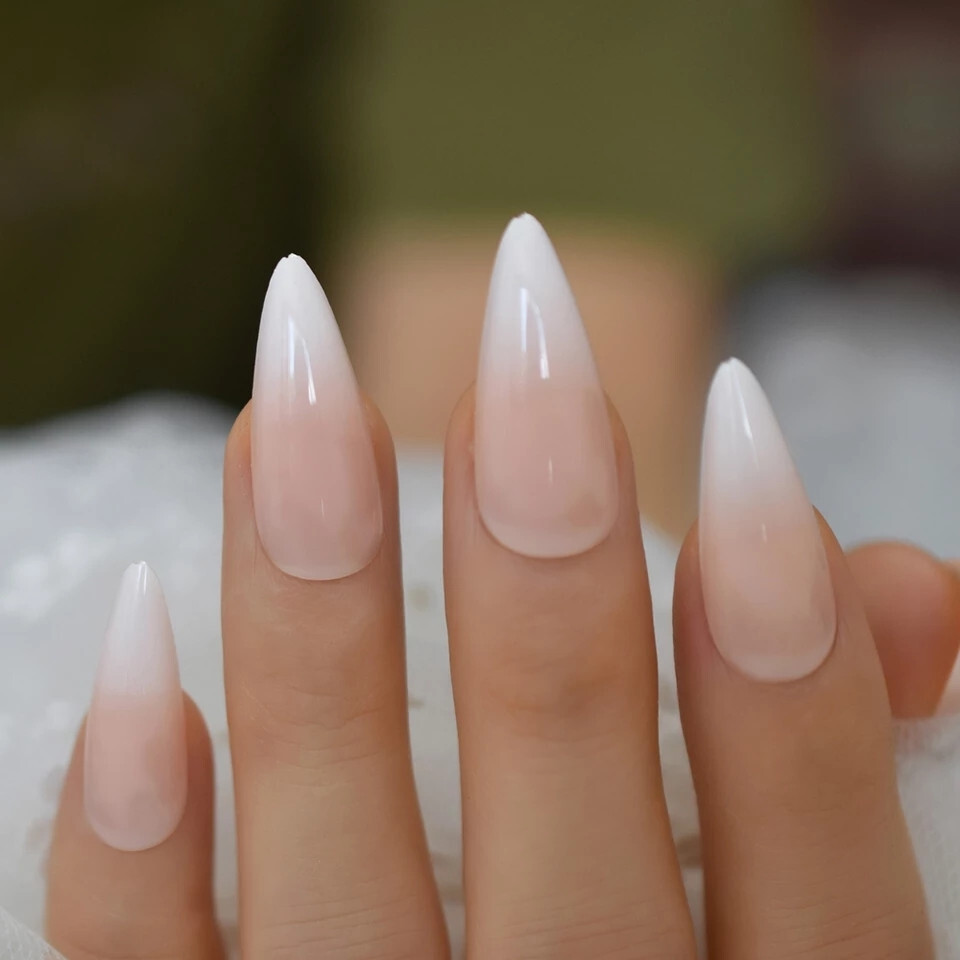 24 Press on nails kit w glue ombre white nude pointed stiletto vampire french