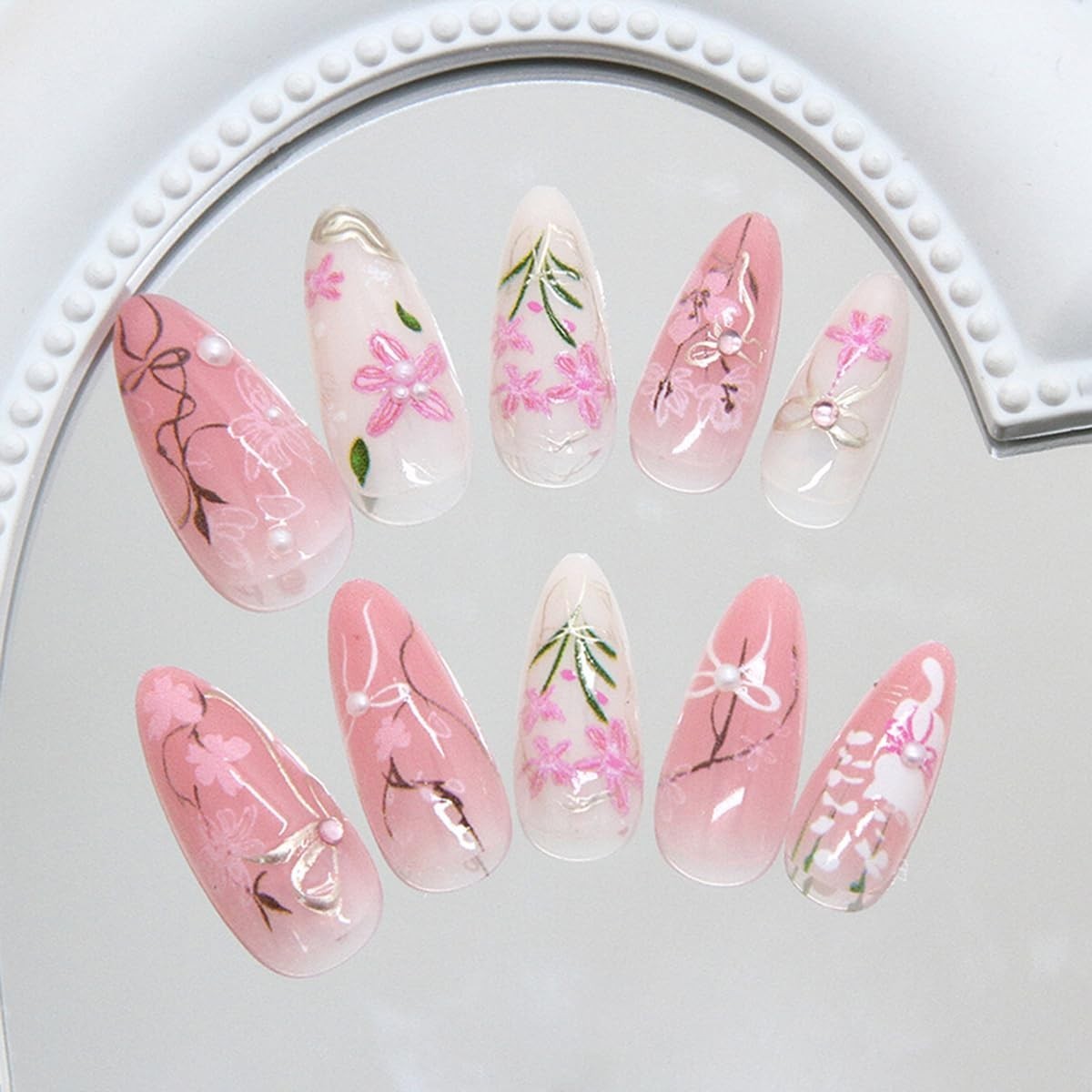 30Pcs Pink Flower Press on Nails – Gorgeous Almond Shape with Bow Design