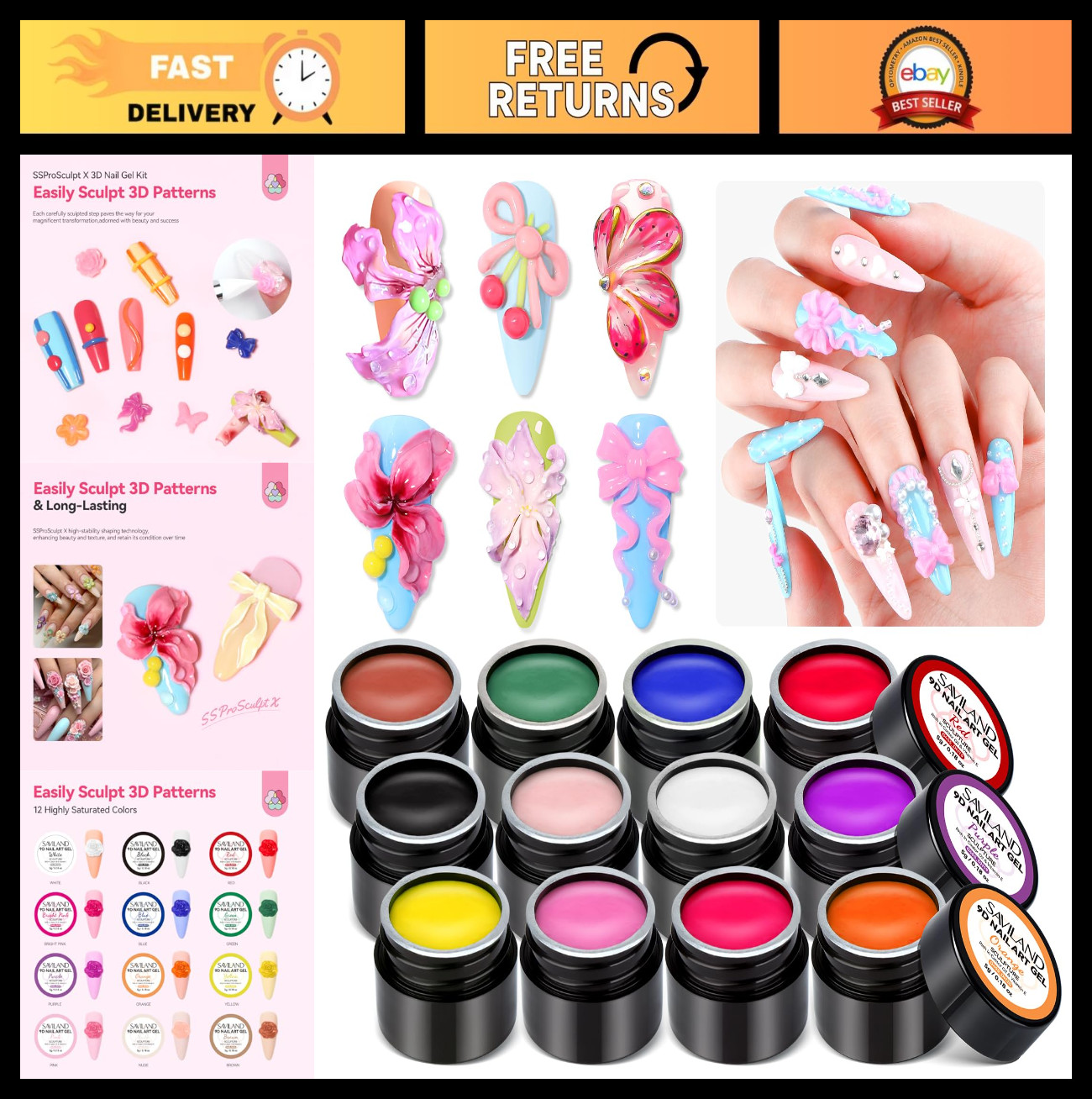 12 Colors 3D Nail Gel Set – Non-Sticky Soak Off Sculpting Gel for Nail Art DIY