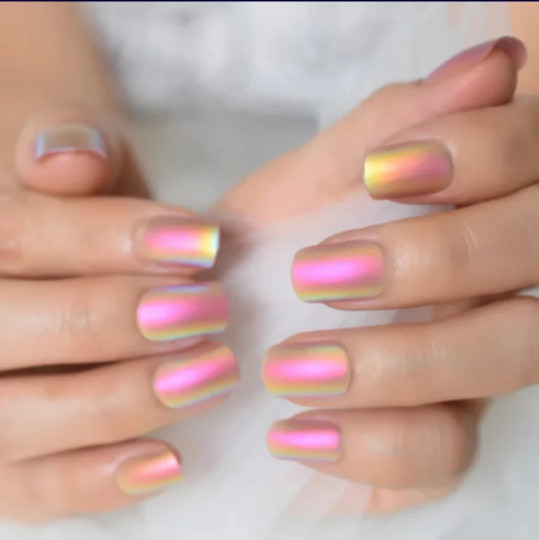 24 Short Press on Nails kit w glue dessert sunset pink gold chrome matte