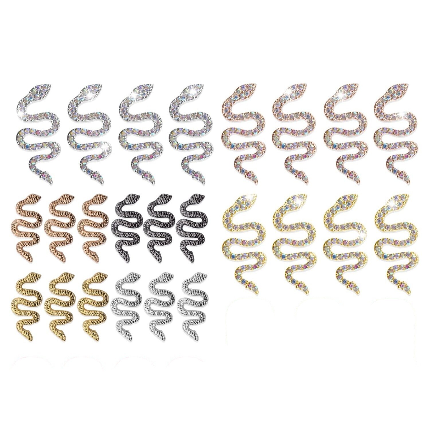 24 3D Metal Snake Nail Art Charms Gold Silver Black Snake Rhinestone Gems Decor