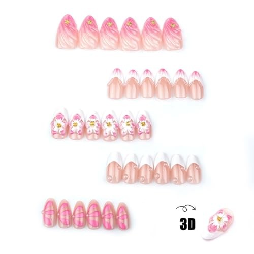 30Pcs Pink Press on Nails Almond Medium French Tip Fake 3D Flower Nail Art – 6