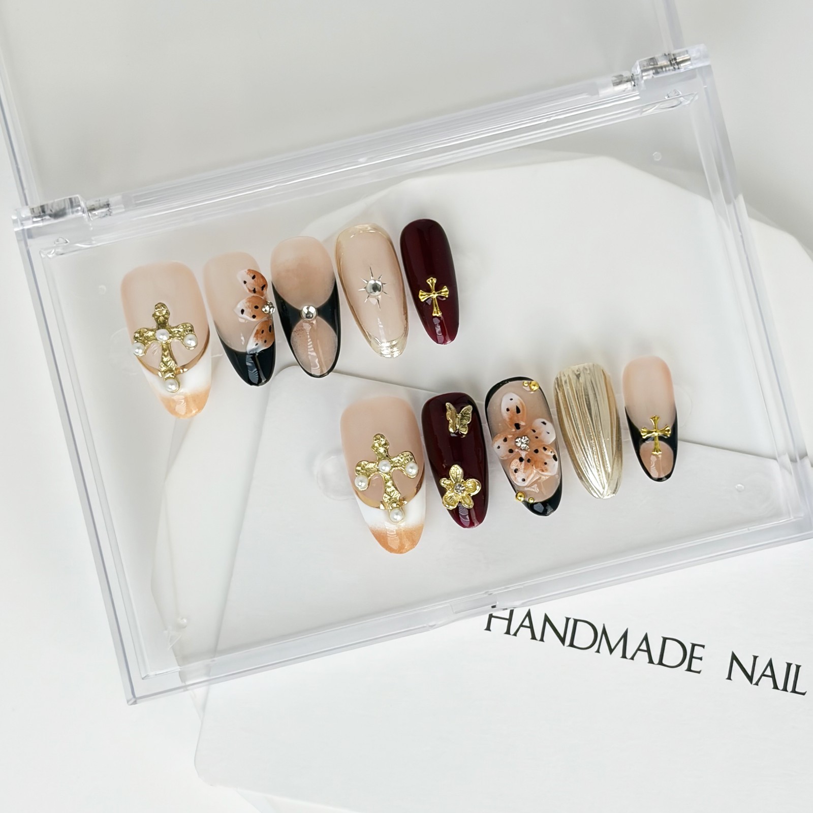 Sweet Gothic Rococo Press-On Nails with Pearl Cross & Metallic Accents Almond