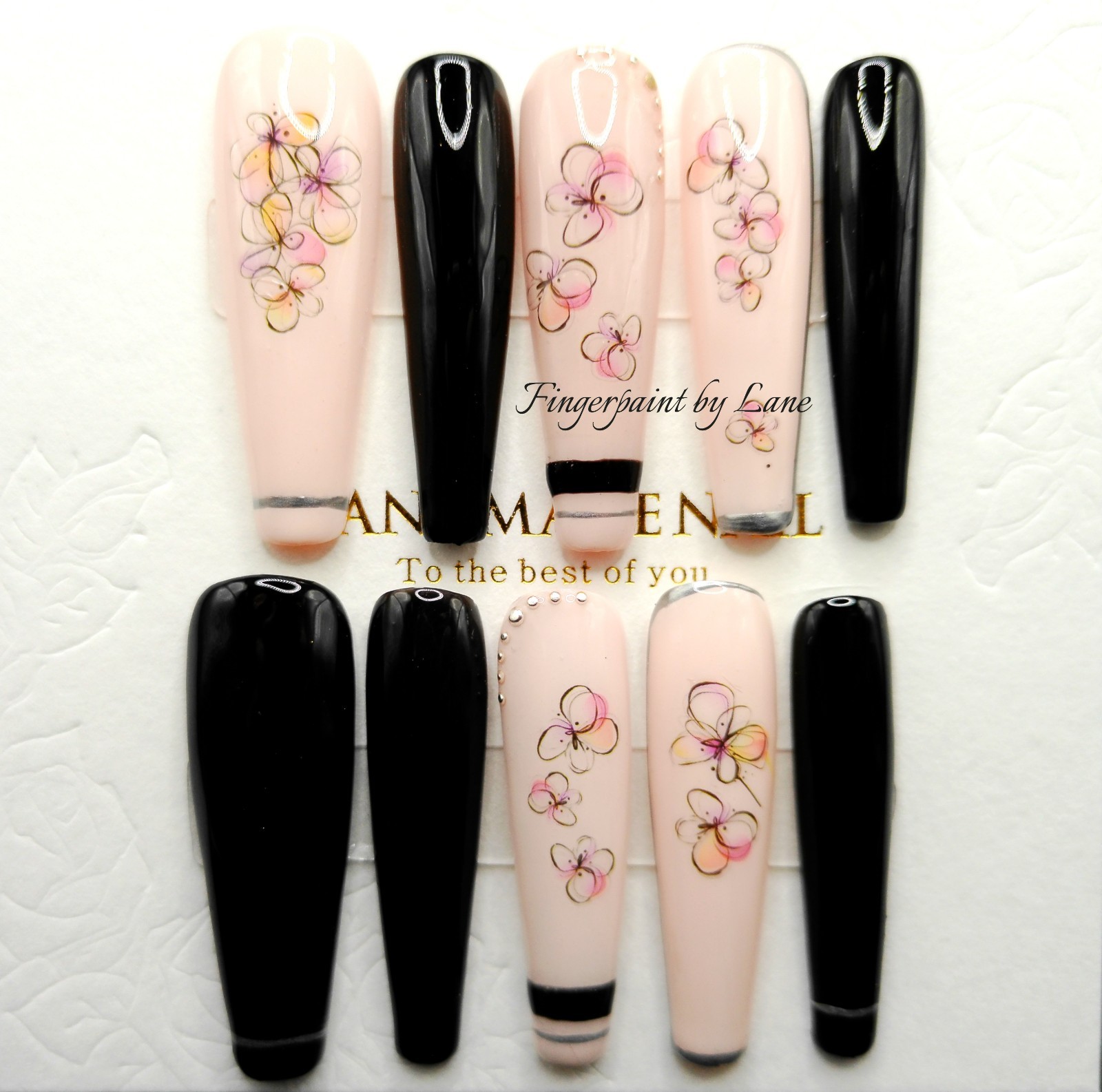 XXL Coffin Black and Pink Floral Press On Nails – Med/Lg Size
