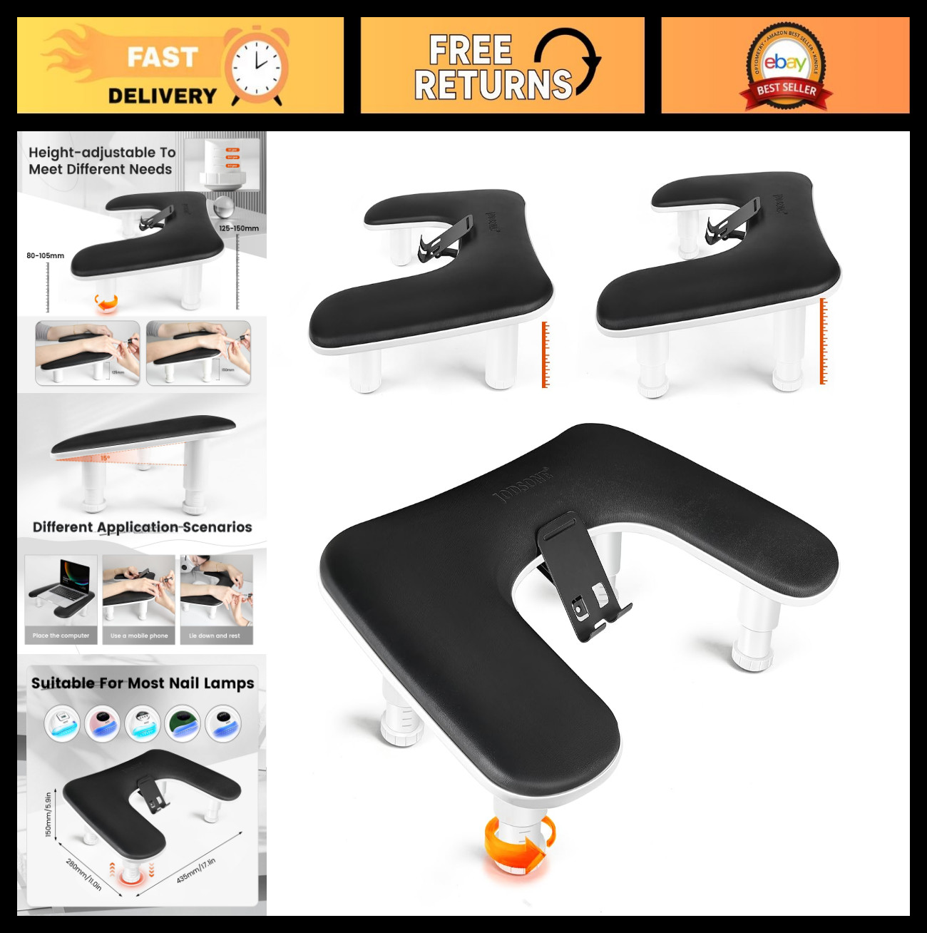 U-Shaped Black Arm Rest for Nail Techs, 360° Rotating Phone Holder, Adjustable D