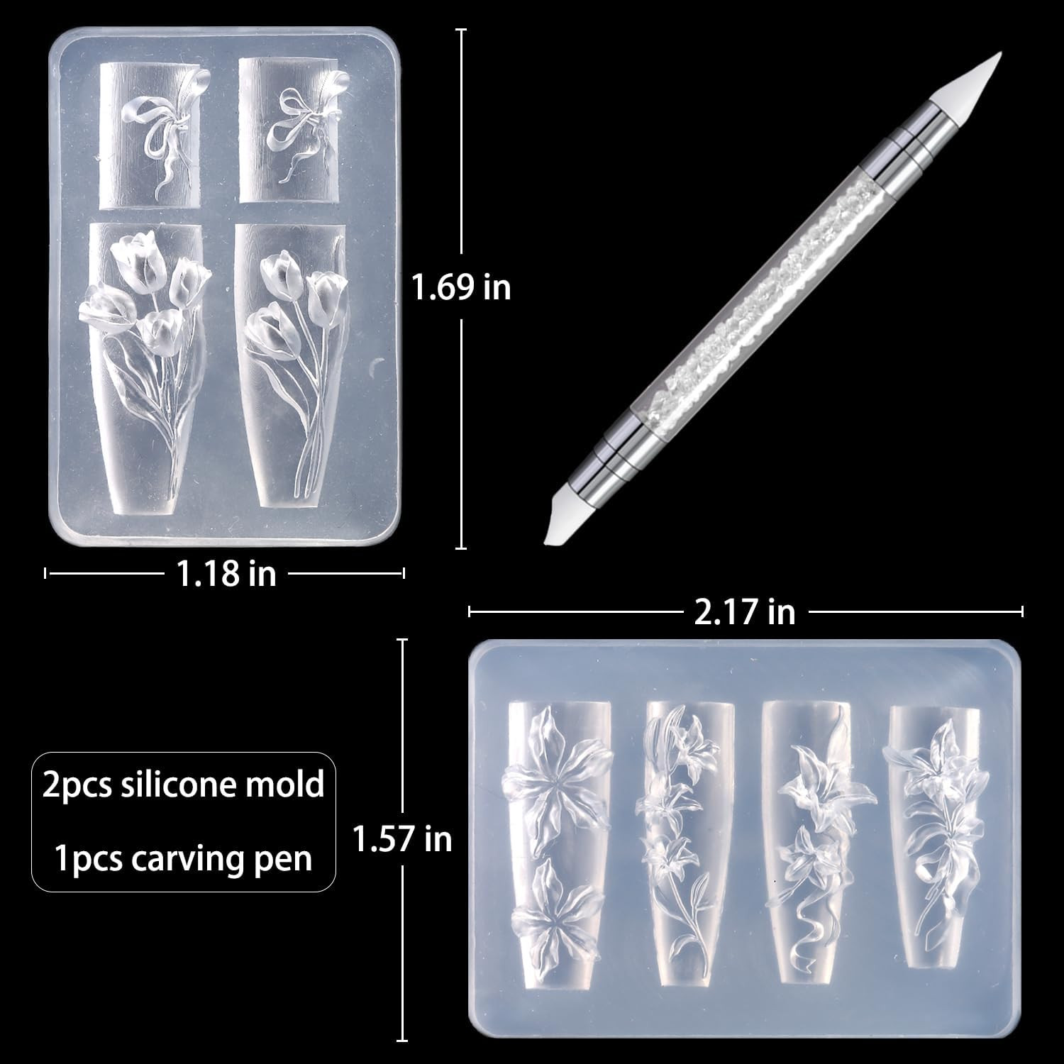 Reusable Silicone Nail Art Molds, 2PCS 3D Flower Design Templates