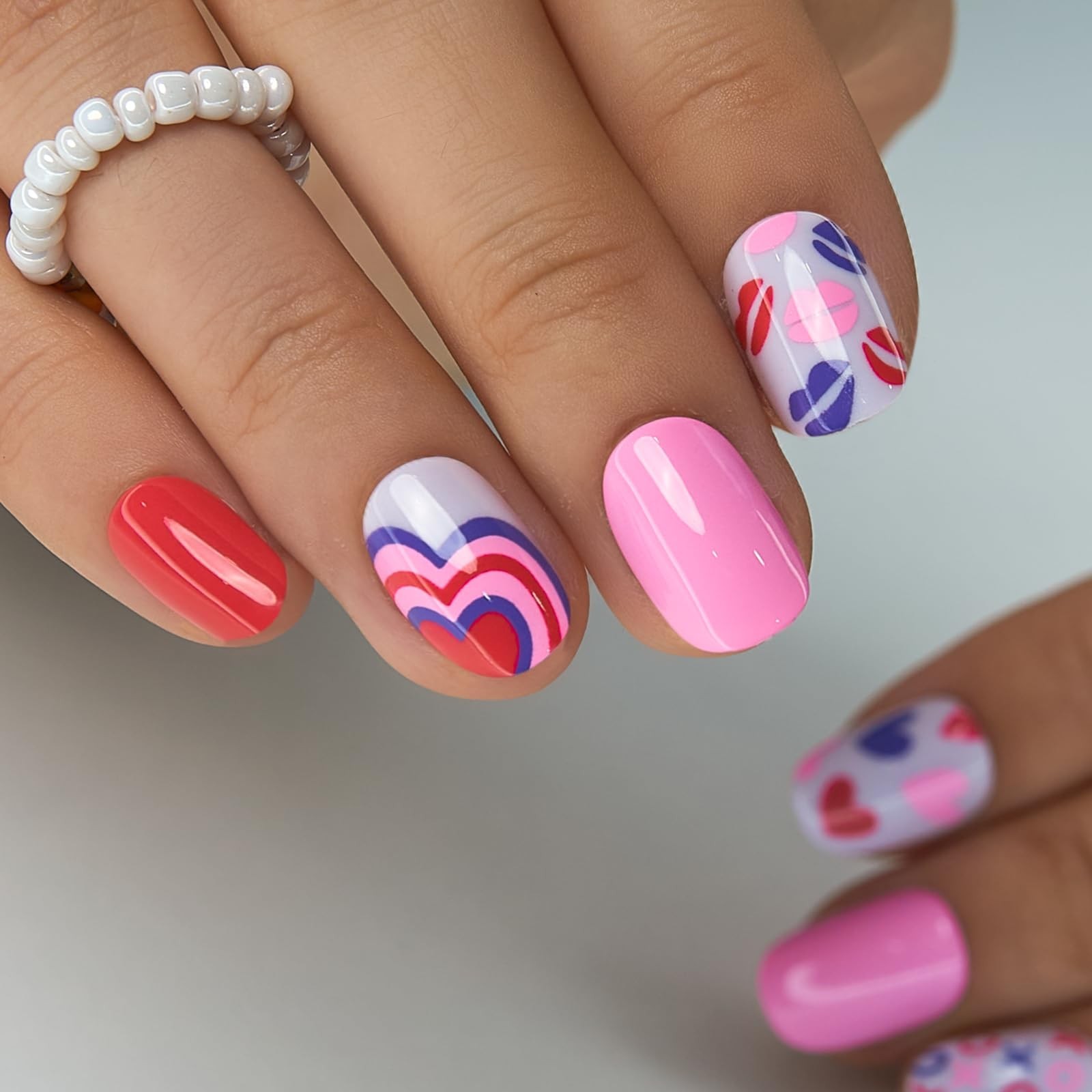 Extra Short Square Press On Nails – Pink Valentine Hearts, Glossy Love Kisses, L