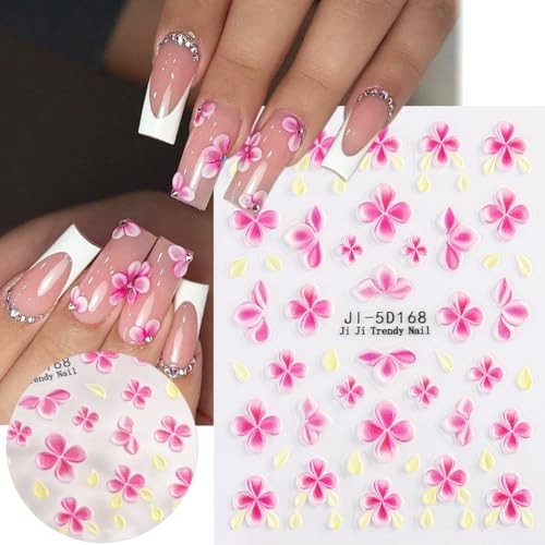 5D Flowers Nail Art Stickers, 5PCS Embossed Pink Blue Flowers Colorful-01