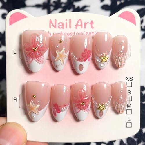 30Pcs Short Almond Press On Nails, White French Tips with 3D Pink Flower-15