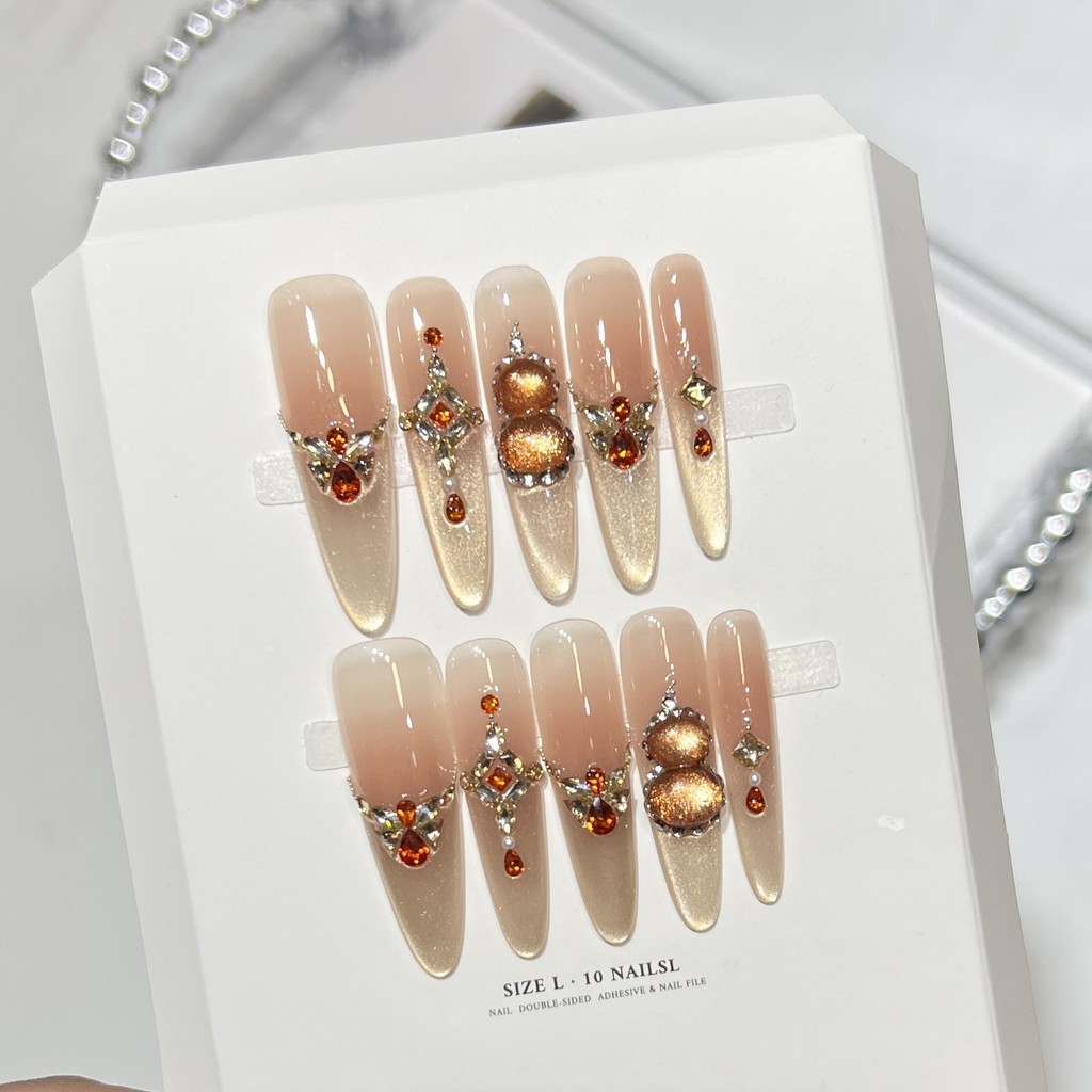 Handmade Fake Nail Shinny Ice-clear Cat Eye 3D Gold Diamond Gourd Press On Nail