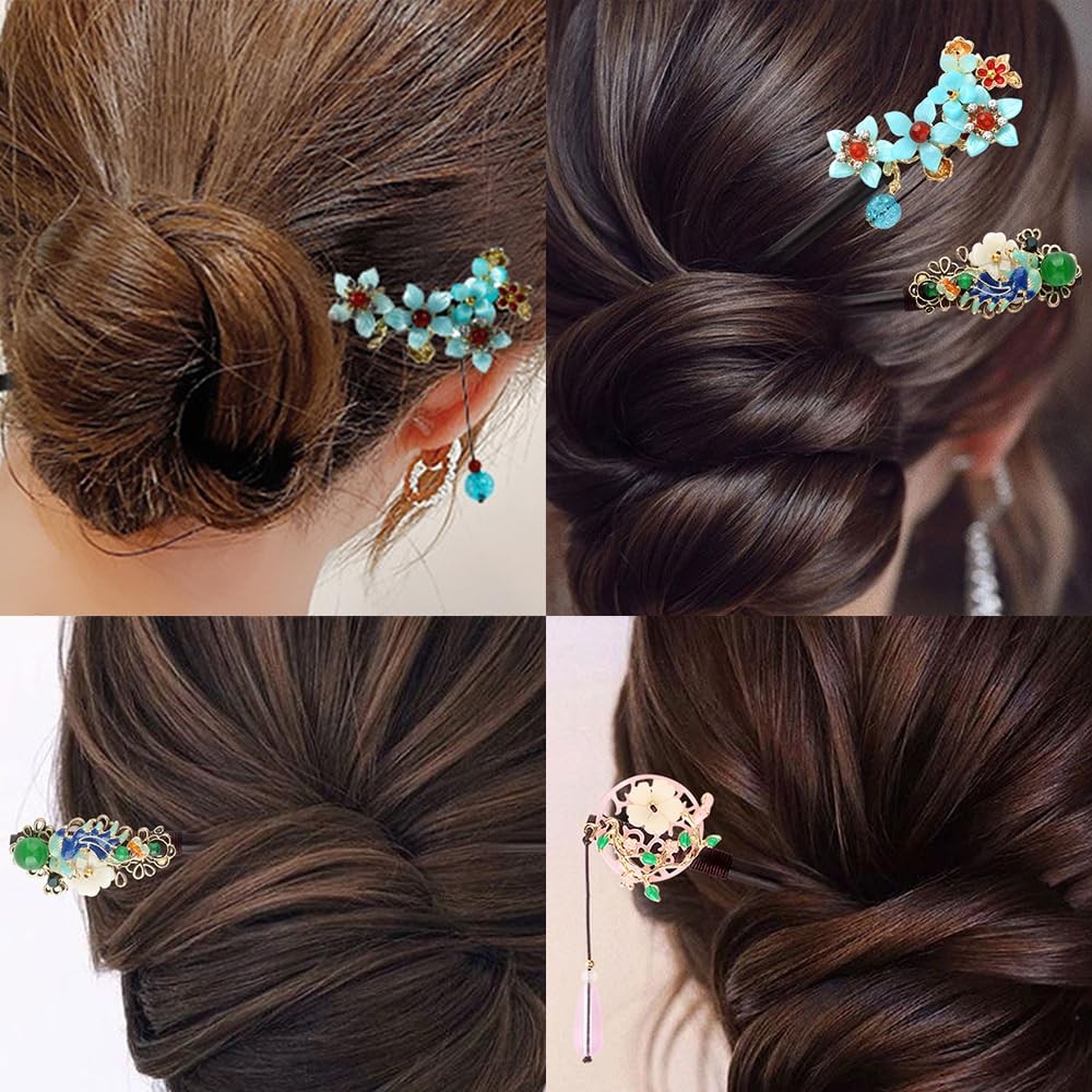 3PCS Hair Stick,Flower Pins For 1 Count (Pack of 3), blue,Pink,Green