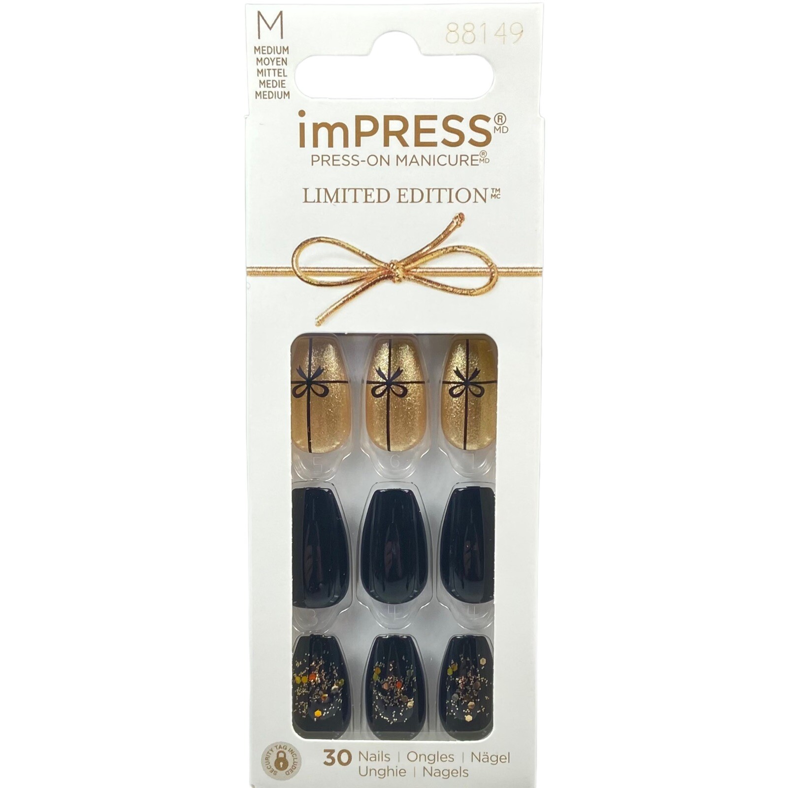 NEW Kiss Nails Impress Press On Manicure Medium Coffin Black Gold Christmas Bow