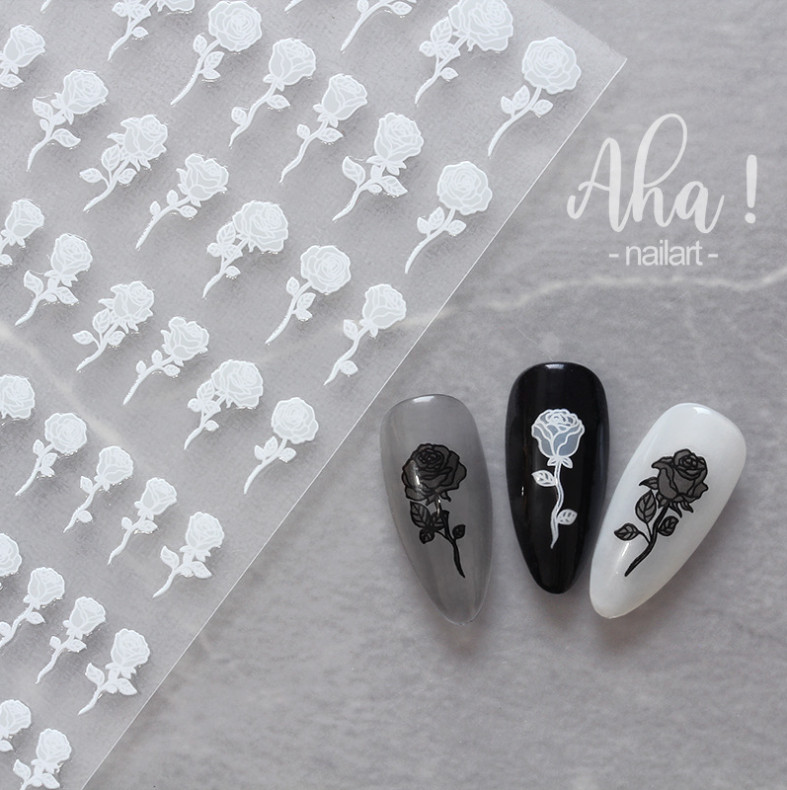 Black White Rose Nail Art Sticker Decal 3D Self-Adhesive Semi Transparent NS44
