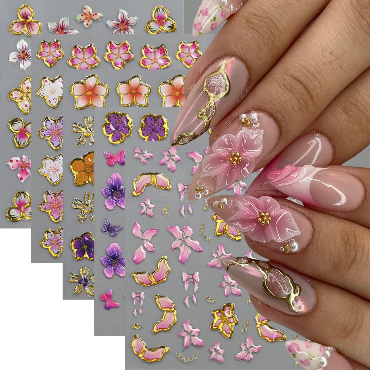 5D Embossed Colorful Summer Flower Nail Art Stickers Decals Style8 Embossed
