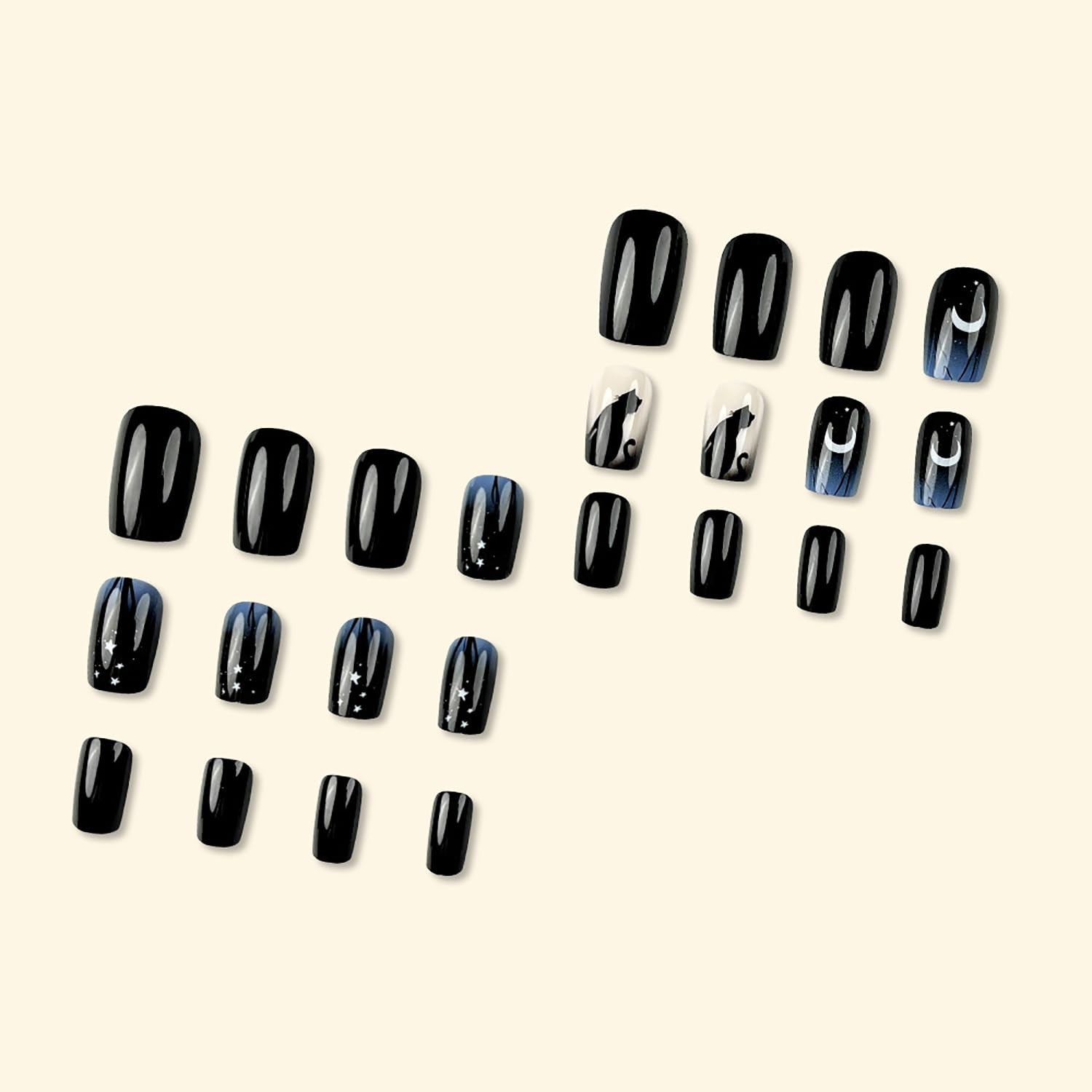 24Pcs Moon Star Glossy Black Press On Nails – Medium Length Acrylic Full Cover