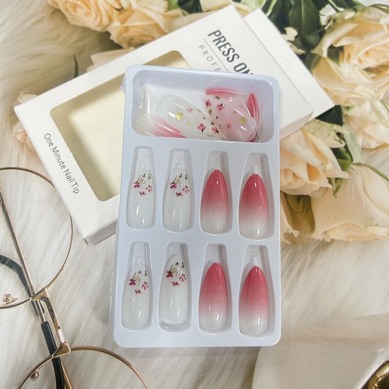 Almond Press on Nails Tip Medium, Artificial Fake Nails with Cute Flower Desi…