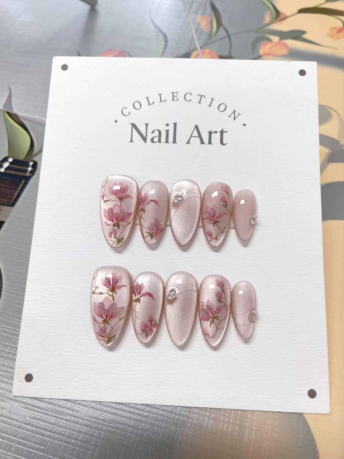 Handmade Pink Magnolia Floral Rhinestone Medium Almond Press on Nails