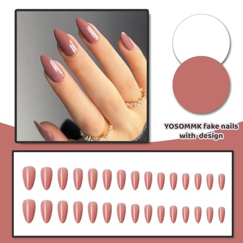 Brown Red Almond Press on Nails Medium Fake Nails Solid Color Glossy 04-Mauve