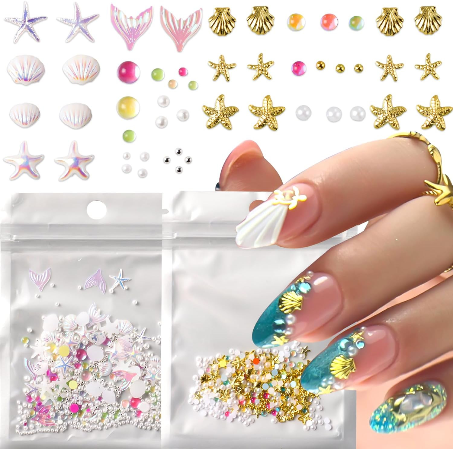 3D Summer Beach Nail Charms Set – Seashell Starfish Gems for DIY Manicure