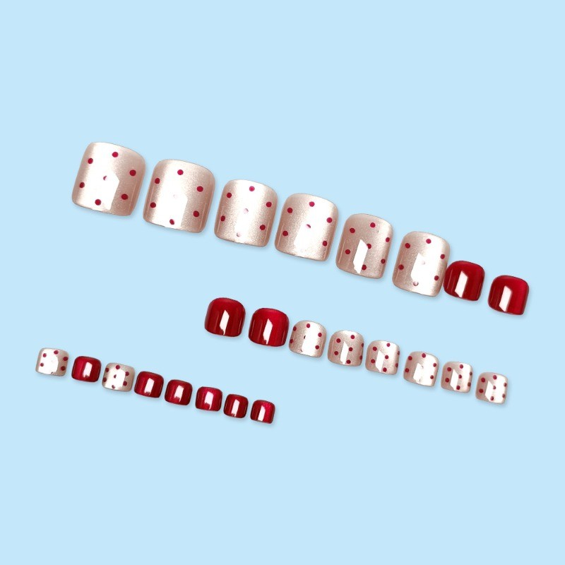 48Pcs-Short Square Press on Toenails Wine Red Silver Cat Eye Red Dot Fake Nails