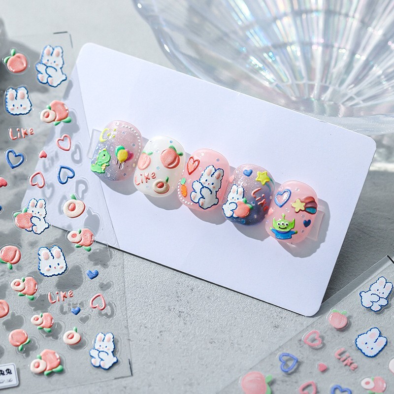 5D Bunny and Peach Nail Stickers, Pink and Blue Heart Nail Art Decals (41)