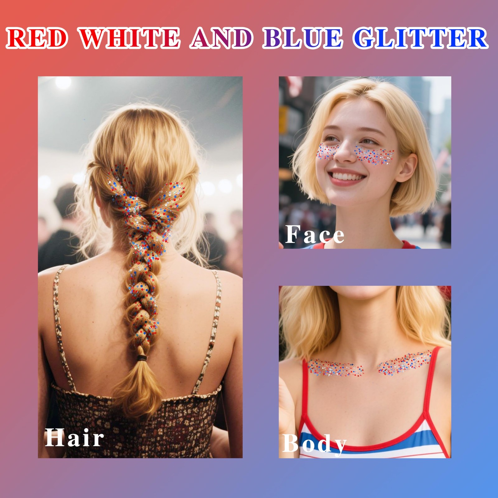 Red White and Blue Face Body Glitter Stick with Star Sequins,4th of July Acce…