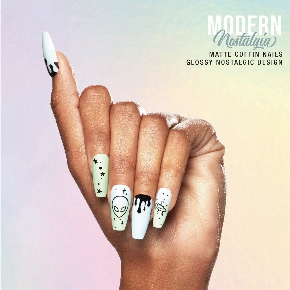 Salon Perfect Modern Nostalgia Blue Green UFO Long Coffin Press On Nails 30 Pcs