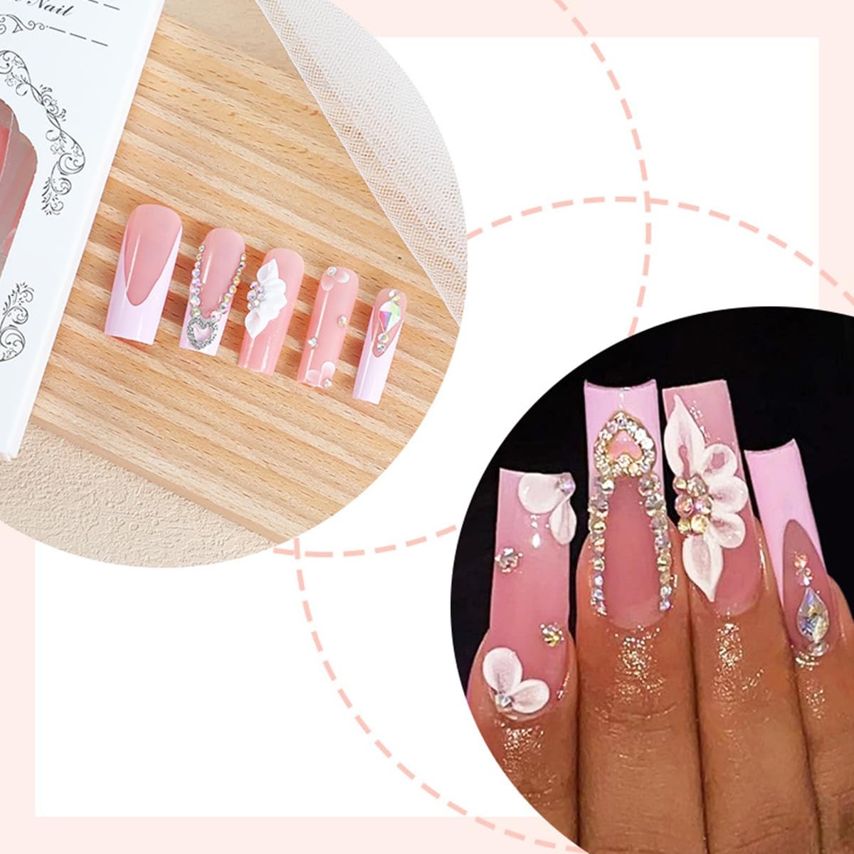 Press on Nails Long Square 3D Alloy Heart Rhinestones Petal Charms Nail Tips …