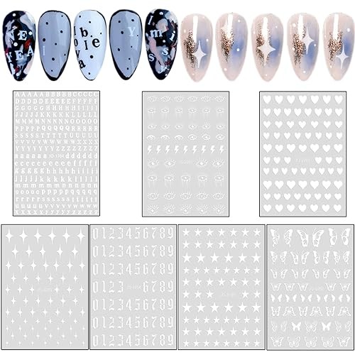 7 Sheets Nail Art Stickers, 3D Geometry Nail Transfer Decals, Butterfly White