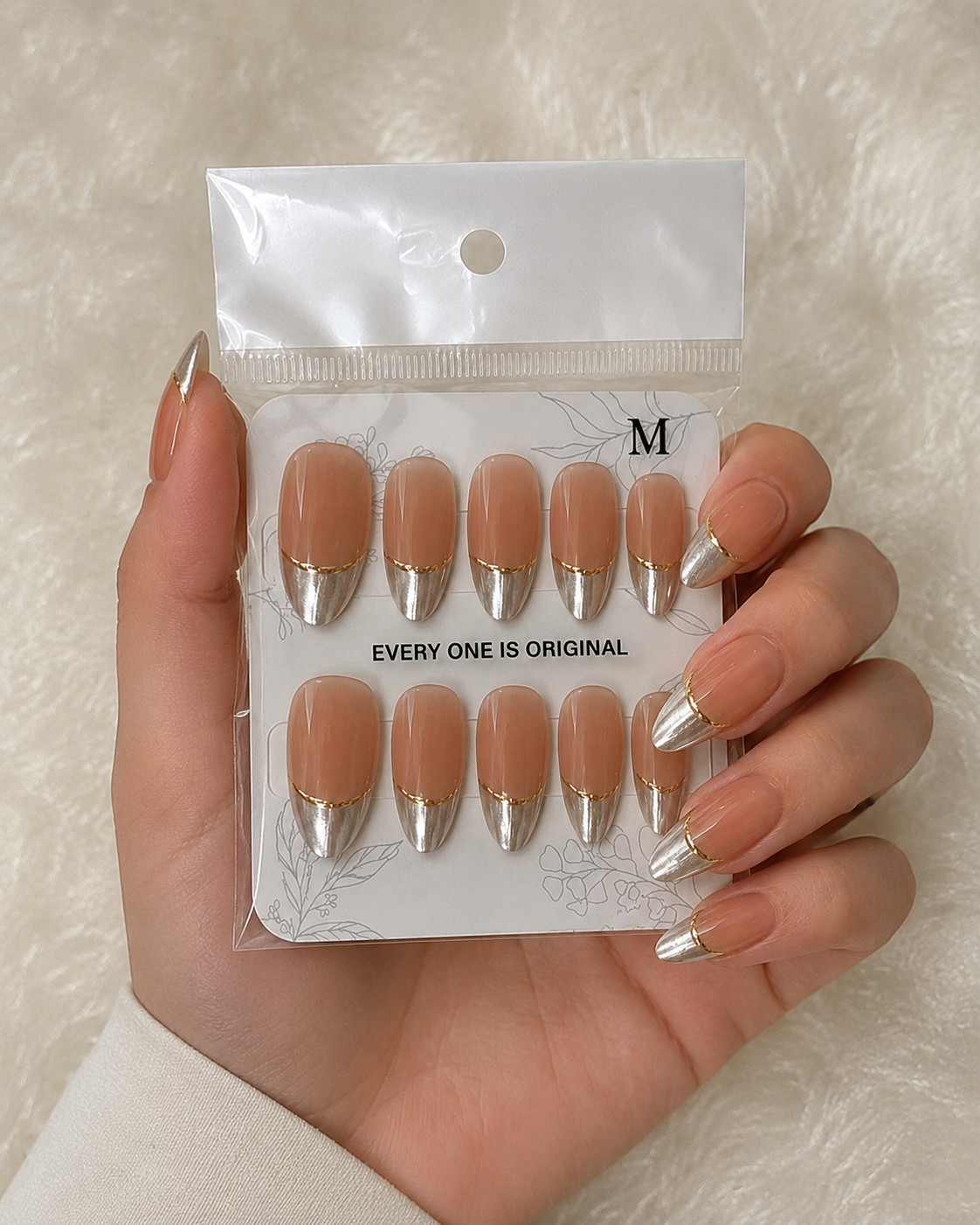 Almond Nude Gold French Tip Press On Nails with Gold Line Accent – Medium