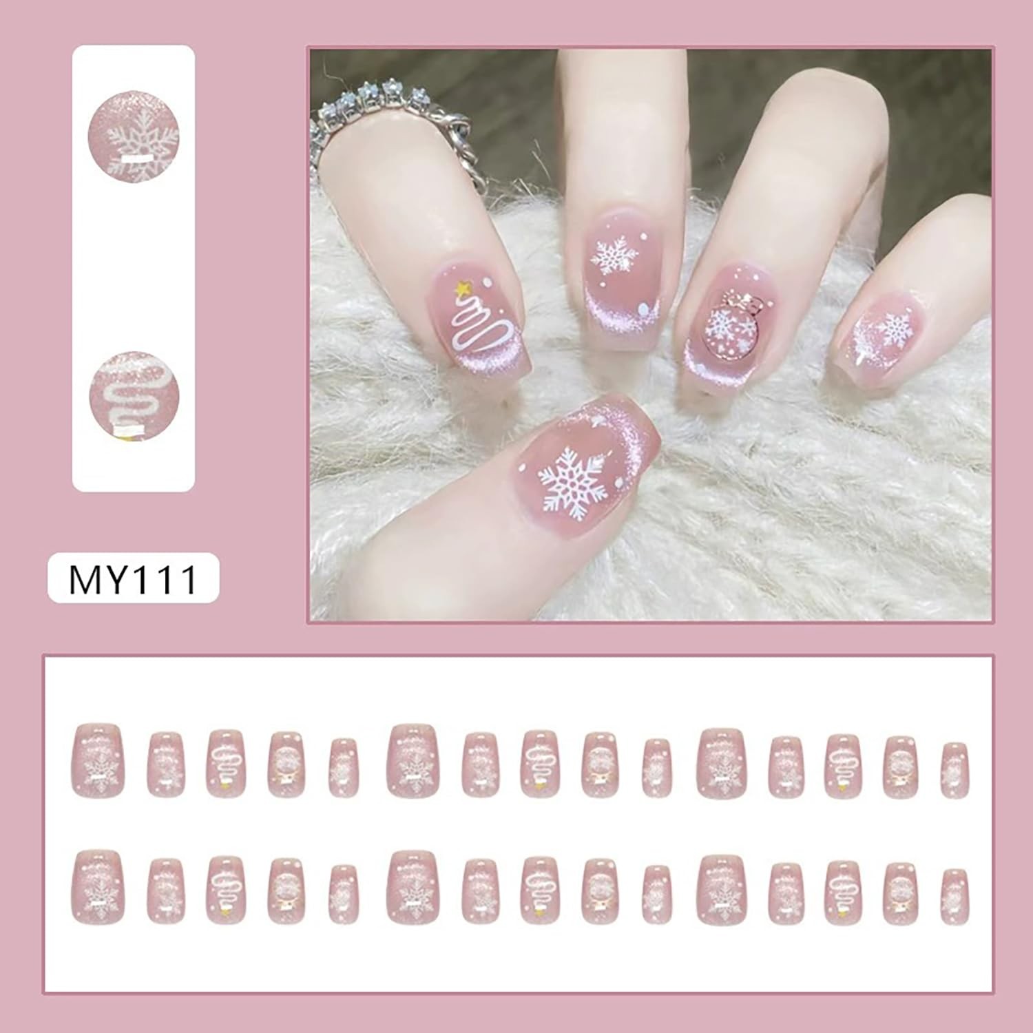 Christmas Press on Nails Short Square Fake Nails with Snowflake Christmas Tre…