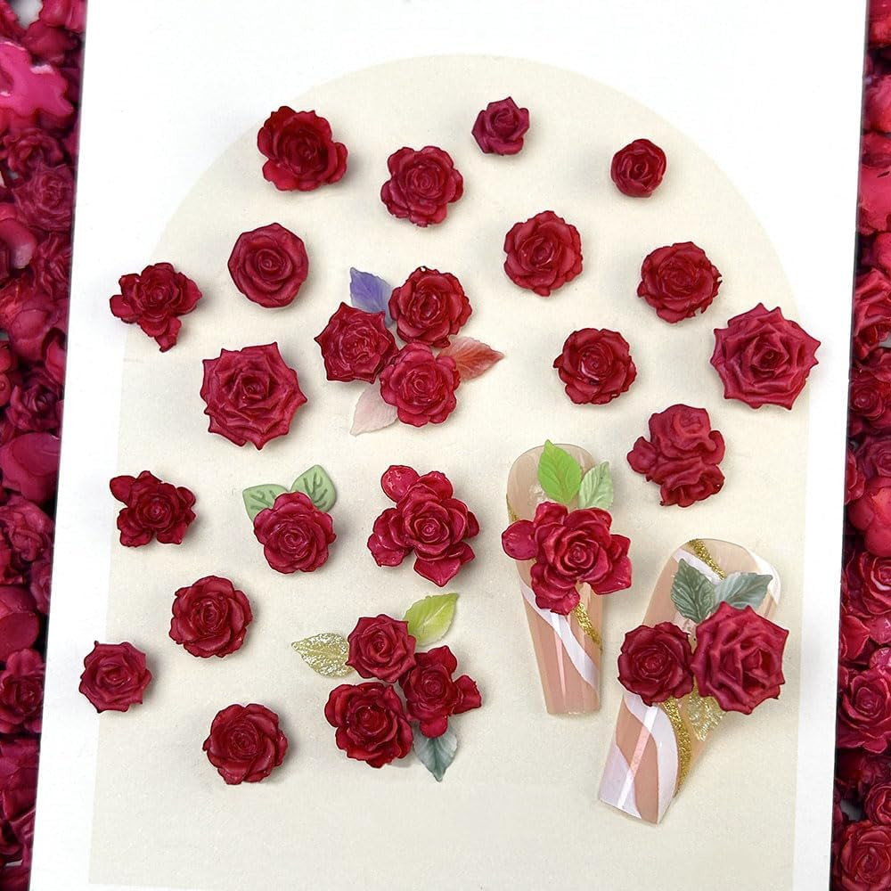 3D Rose Red Flower Nail Charms Luminous Camellias Roses Nail Art Charms Soft Car