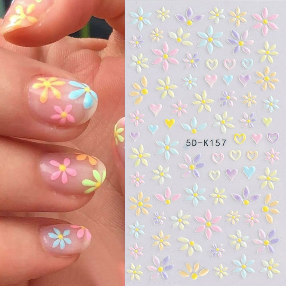 5D Nail Stickers Embossed Daisy Flower Bride Decals Nail Art Decoration DIY Chic
