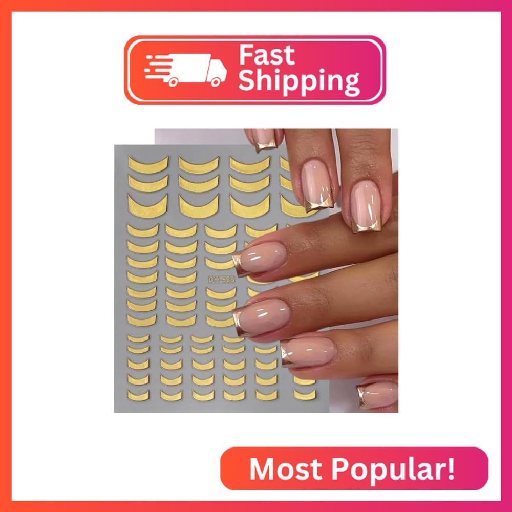 BYJKYEN French Tip Nail Stickers, Gold & Silver, 8 Sheets, Self-Adhesive, French